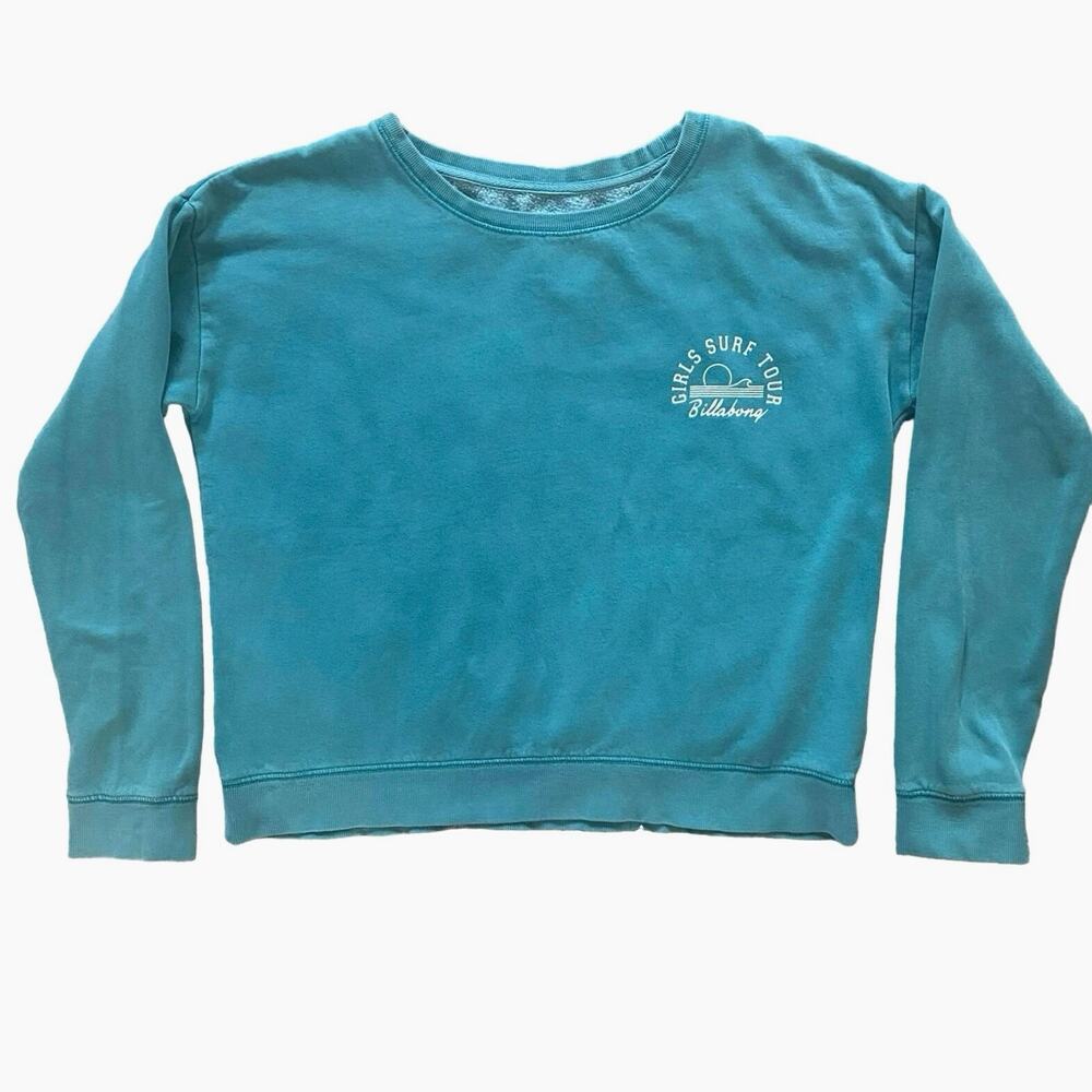 BILLABONG Surf Tour Logo Scoop Neck Boxy Pullover‎ Sweatshirt Turquoise Womens L